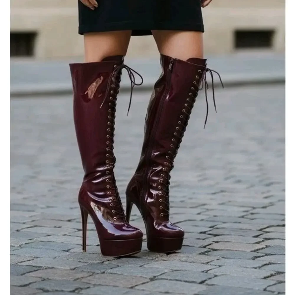 Women's Platform Knee High Stiletto Heels Front Lace Up Side Zip Boots Size 10